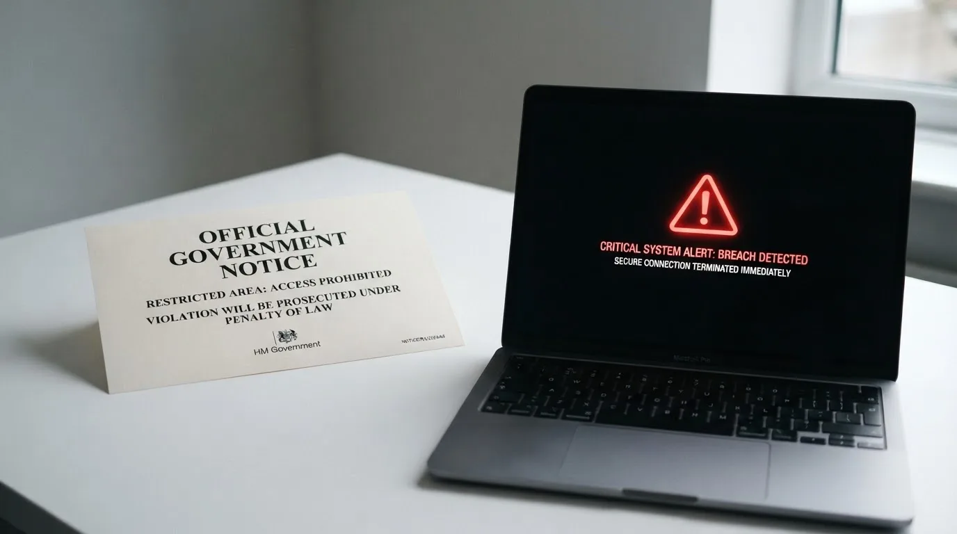 A printed government warning notice on a desk beside a laptop with a red alert icon on the screen.