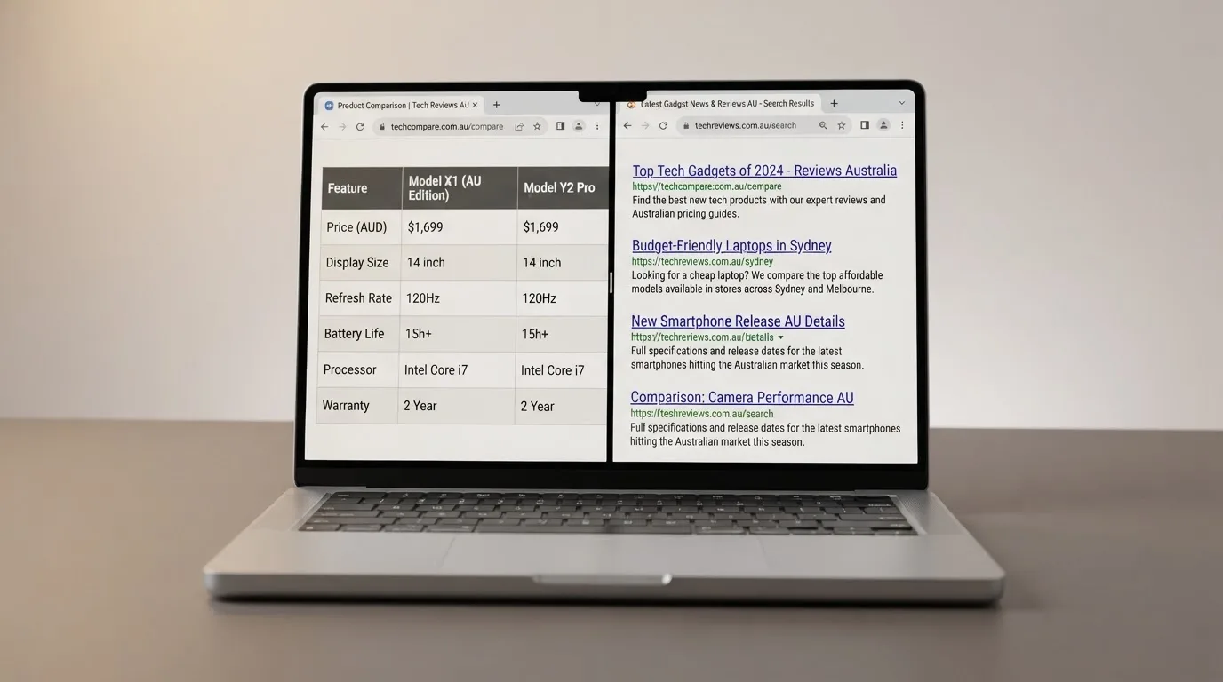 A laptop screen split between two browser tabs, one showing a comparison table and the other a search results page.