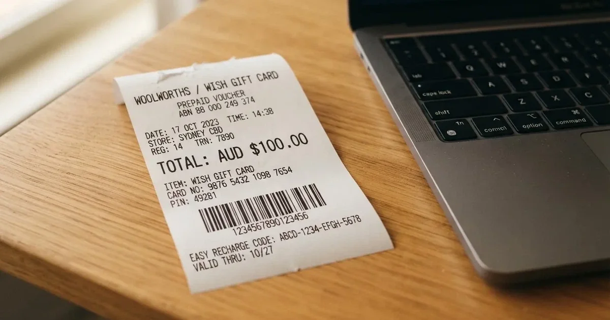A printed prepaid voucher receipt lying beside a laptop keyboard.