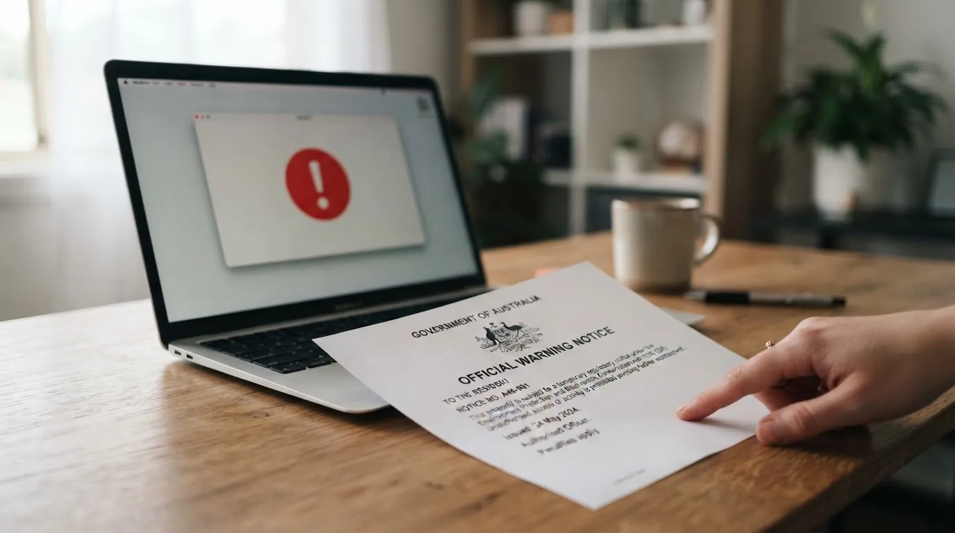 A printed government warning notice on a desk beside a laptop with a red alert icon on the screen.
