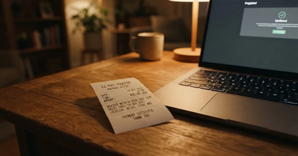 A printed prepaid voucher receipt lying beside a laptop keyboard.