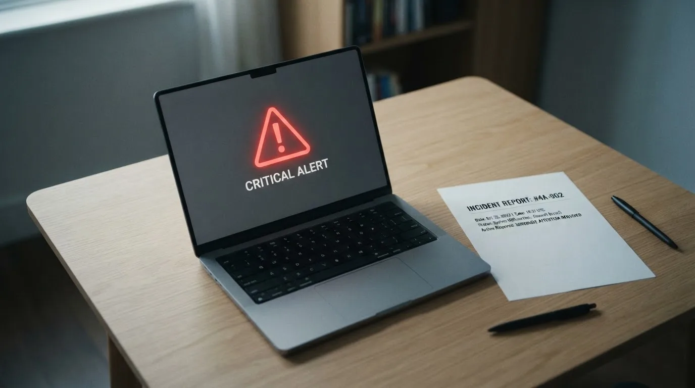 A printed government warning notice on a desk beside a laptop with a red alert icon on the screen.