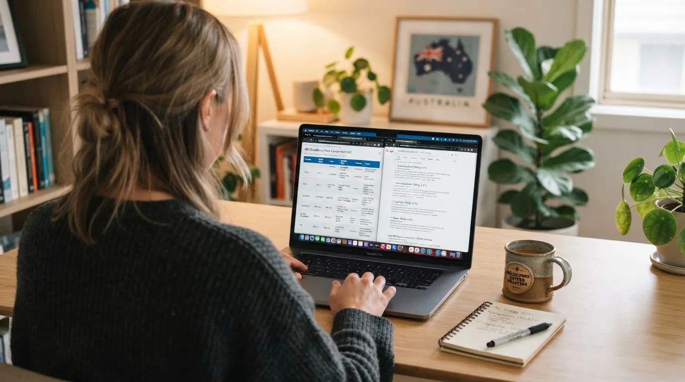 A laptop screen split between two browser tabs, one showing a comparison table and the other a search results page.