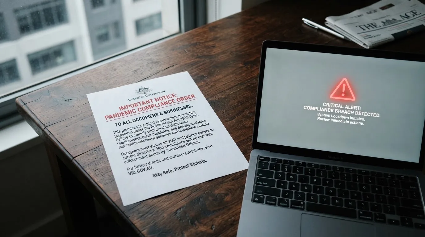 A printed government warning notice on a desk beside a laptop with a red alert icon on the screen.