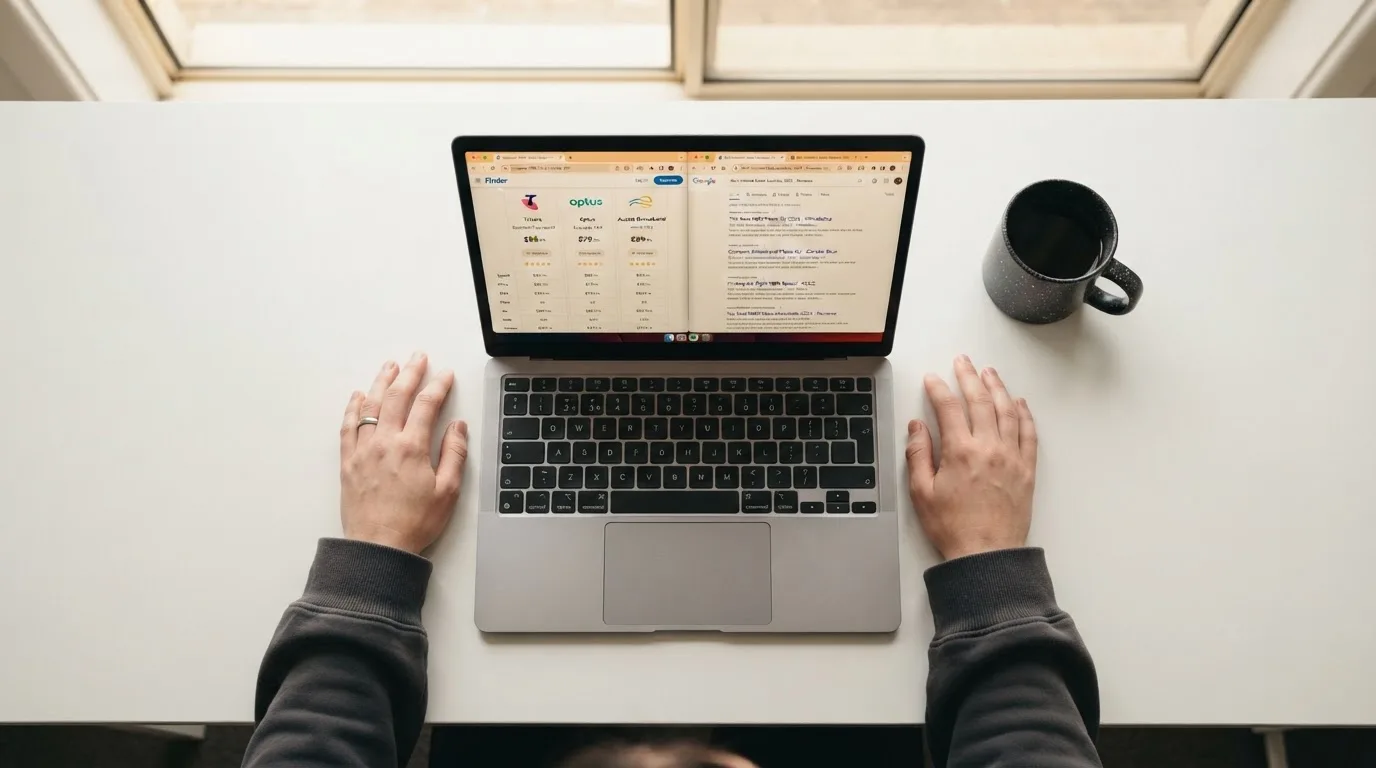 A laptop screen split between two browser tabs, one showing a comparison table and the other a search results page.