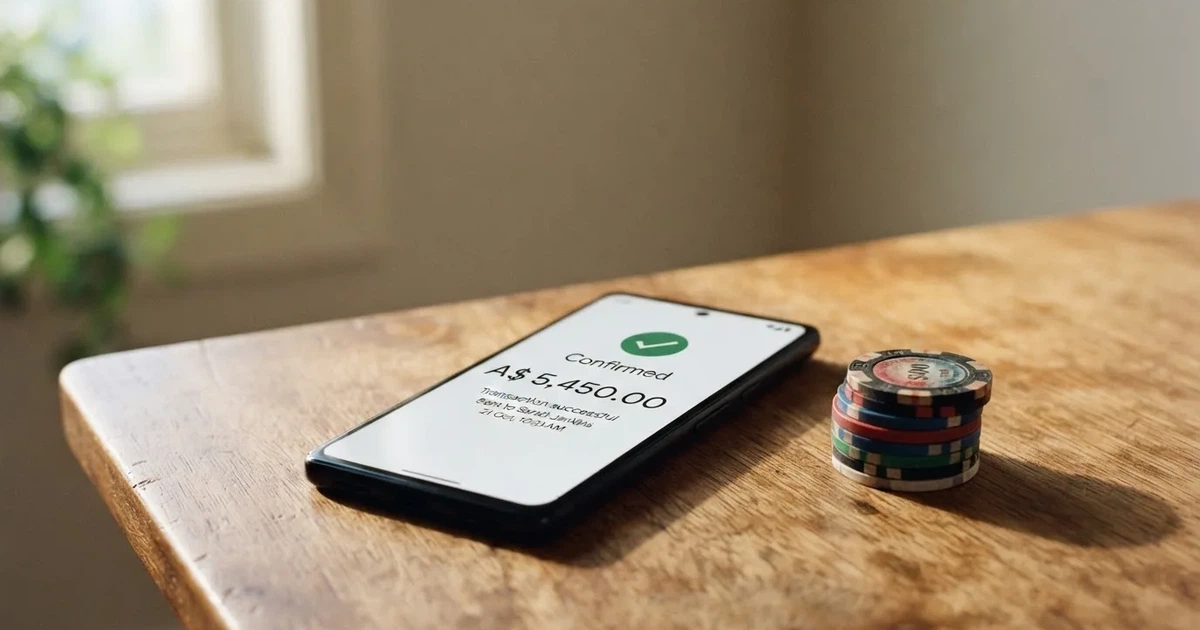 A phone displaying a bank transfer confirmation screen next to a stack of Australian dollar notes.