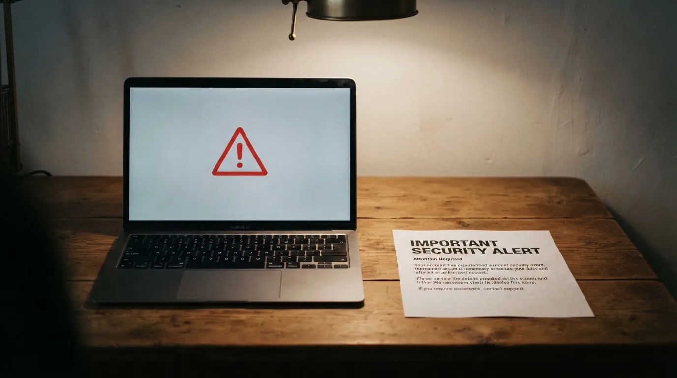 A printed government warning notice on a desk beside a laptop with a red alert icon on the screen.