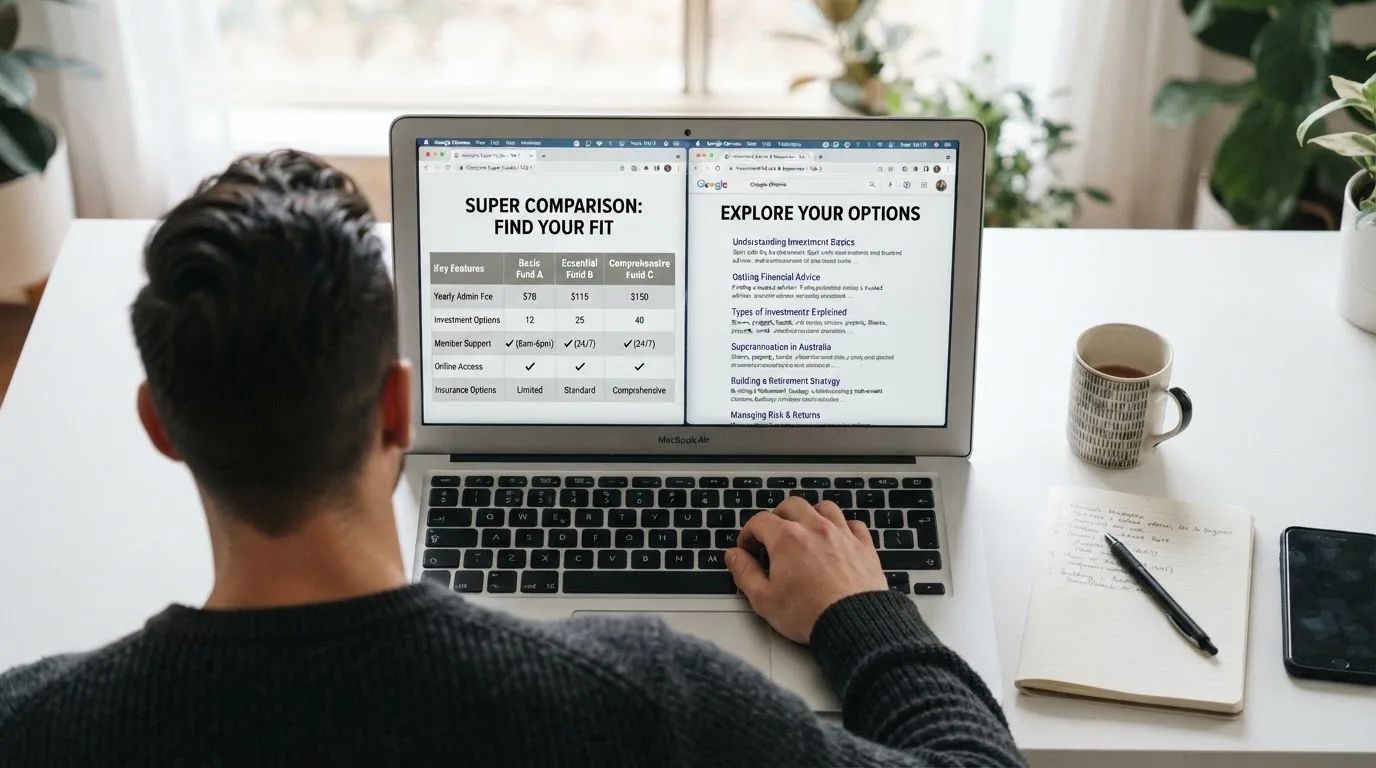 A laptop screen split between two browser tabs, one showing a comparison table and the other a search results page.