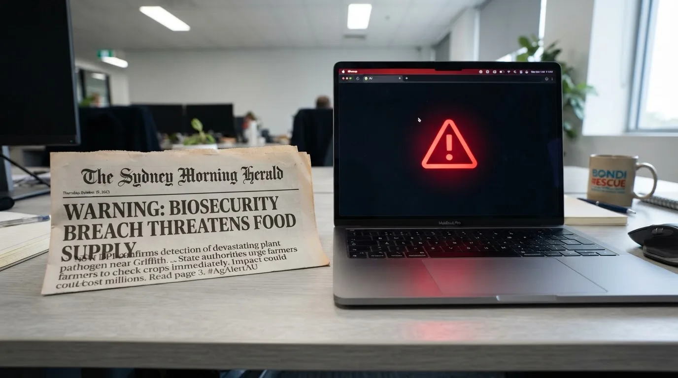 A printed government warning notice on a desk beside a laptop with a red alert icon on the screen.