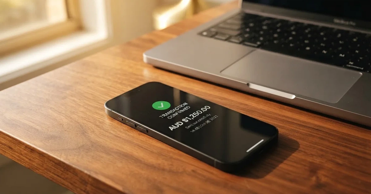A phone displaying a blockchain transaction confirmation screen next to a laptop keyboard.