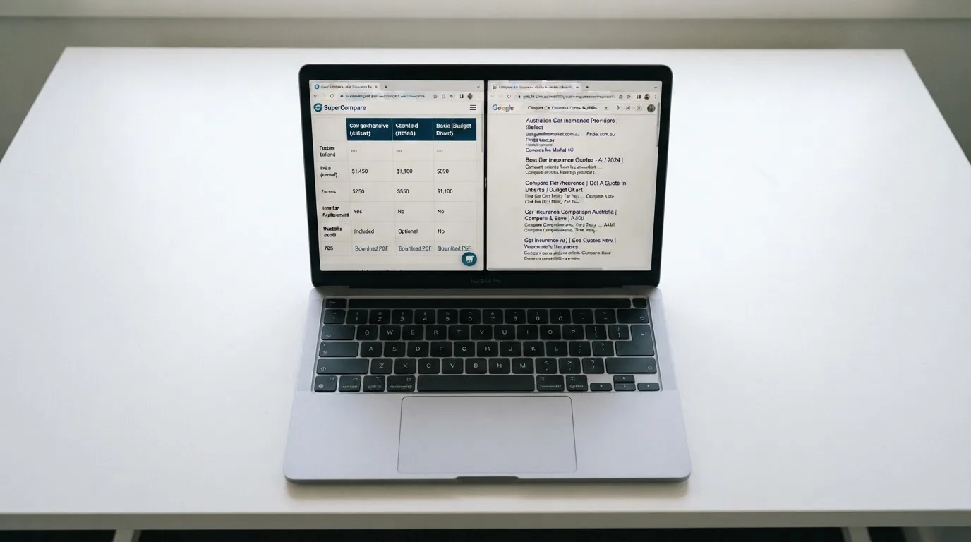A laptop screen split between two browser tabs, one showing a comparison table and the other a search results page.