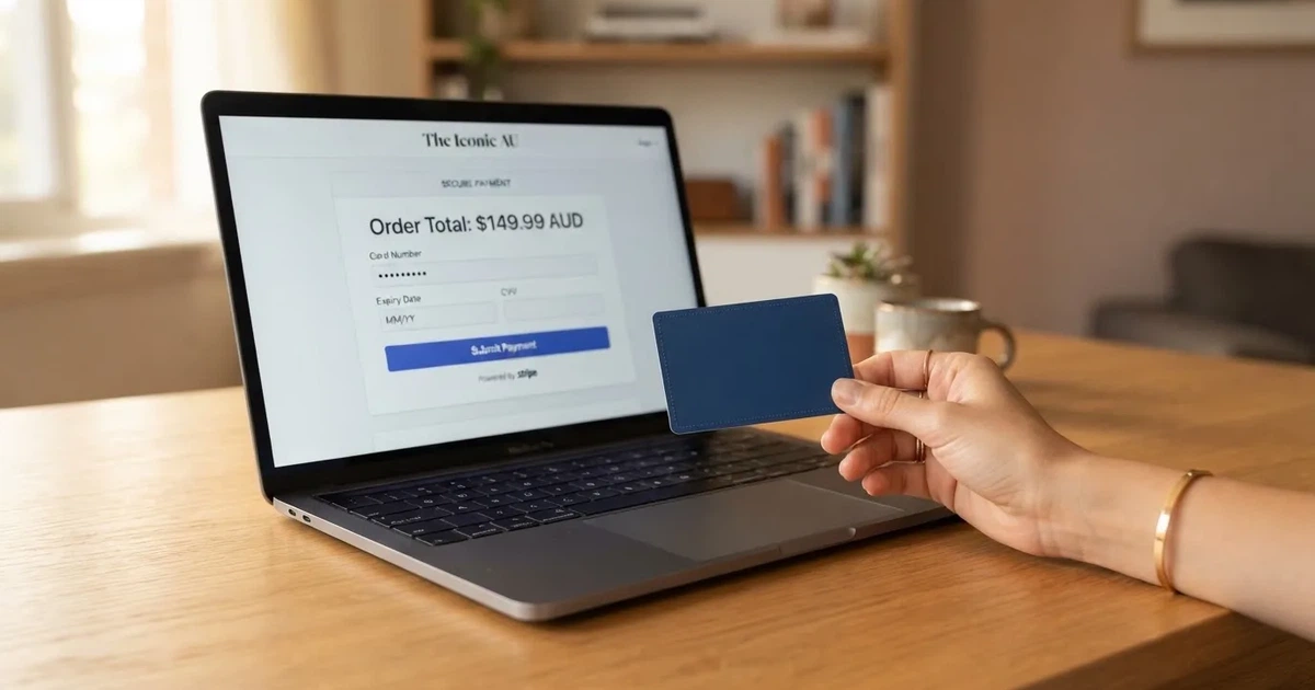 A hand holding a bank card next to a laptop showing an online payment form.