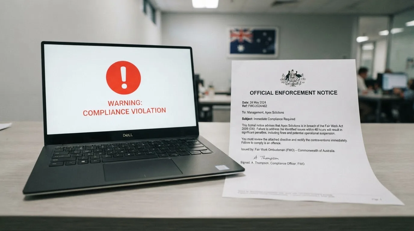 A printed government warning notice on a desk beside a laptop with a red alert icon on the screen.