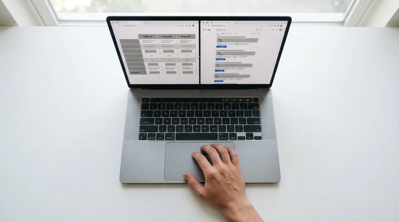 A laptop screen split between two browser tabs, one showing a comparison table and the other a search results page.