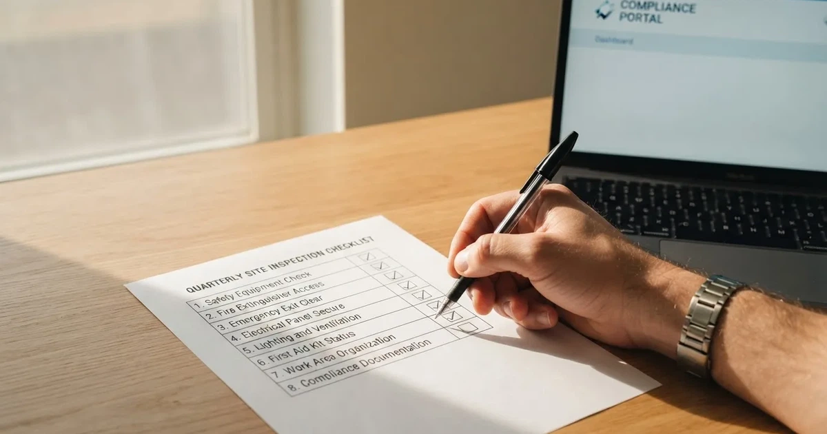 A hand ticking off boxes on a printed checklist next to a laptop.
