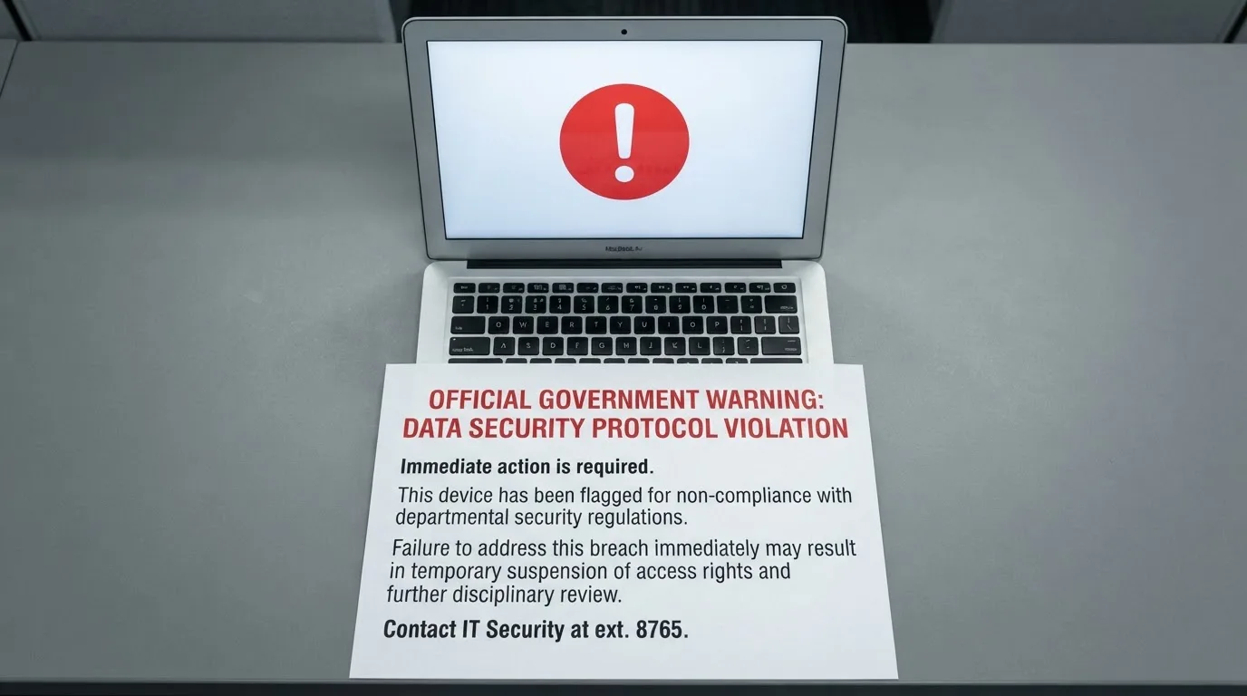 A printed government warning notice on a desk beside a laptop with a red alert icon on the screen.