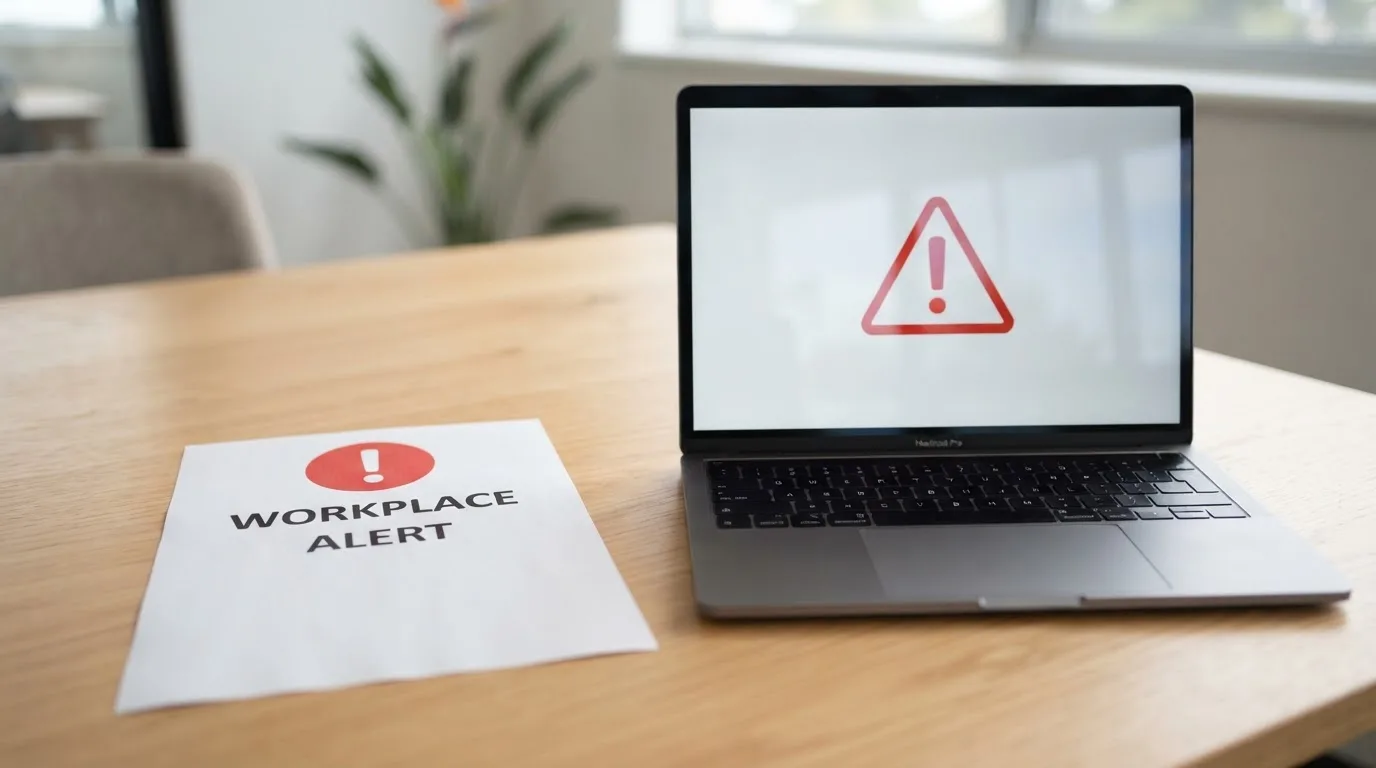 A printed government warning notice on a desk beside a laptop with a red alert icon on the screen.