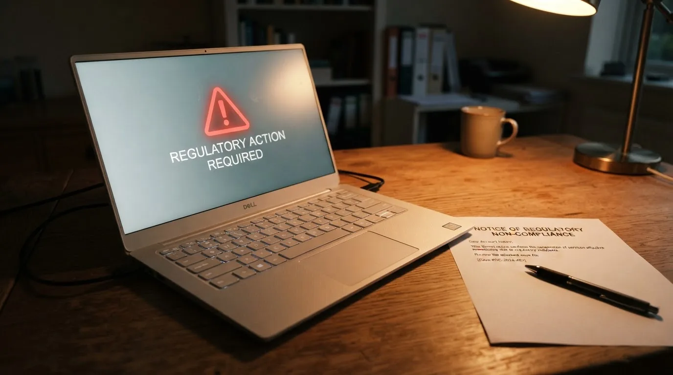 A printed government warning notice on a desk beside a laptop with a red alert icon on the screen.