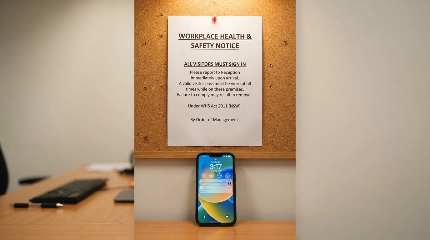 A printed regulator notice pinned above a desk telephone.