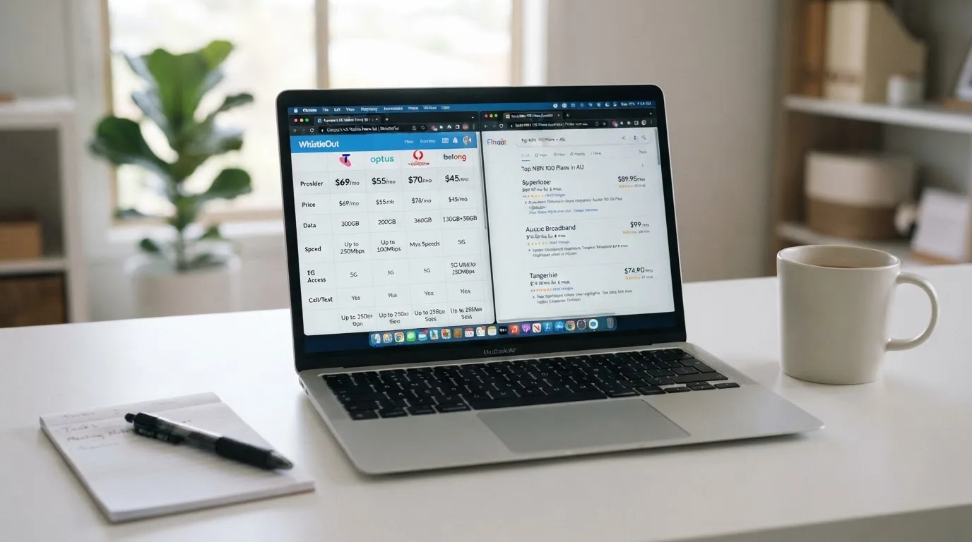 A laptop screen split between two browser tabs, one showing a comparison table and the other a search results page.