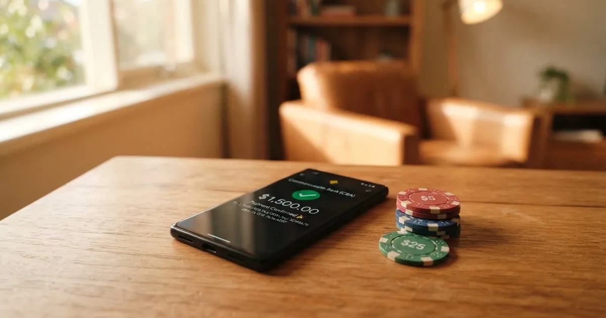 A phone displaying a bank transfer confirmation screen next to a stack of Australian dollar notes.