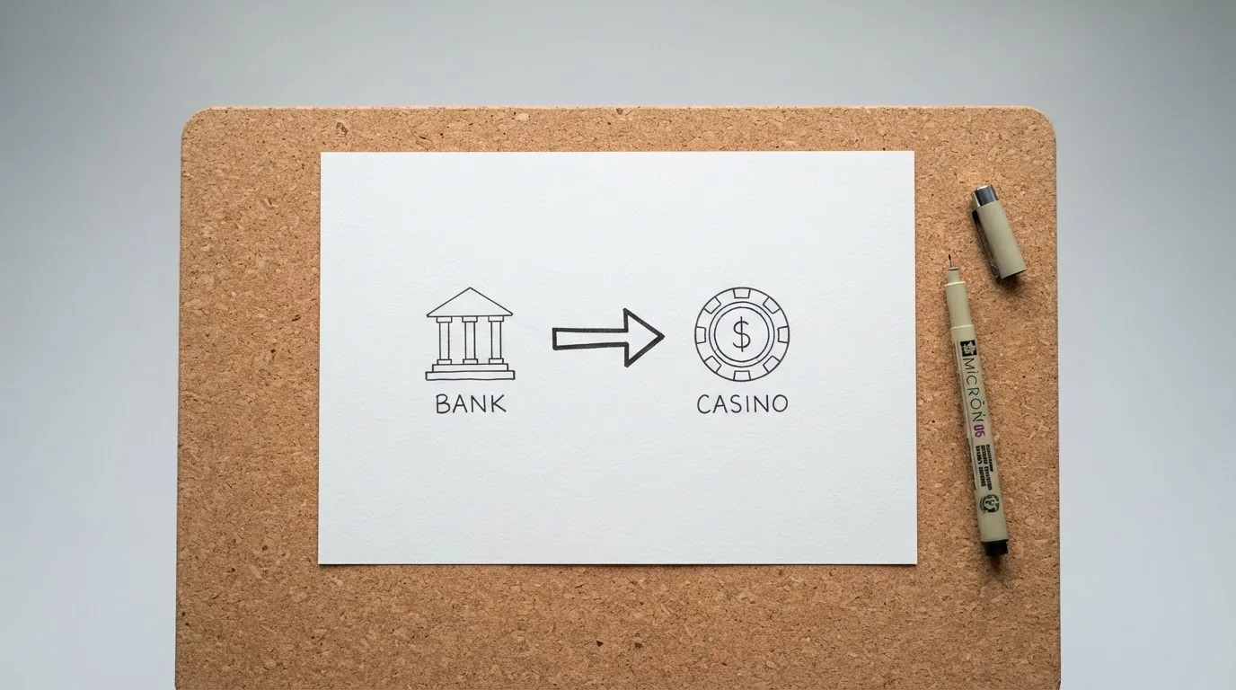 A hand-drawn diagram connecting a bank icon to a casino chip icon.