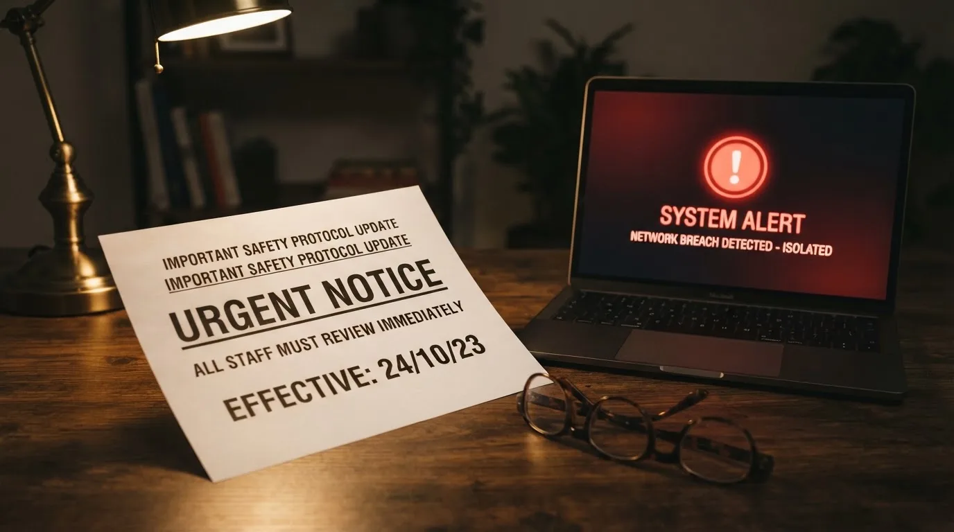 A printed government warning notice on a desk beside a laptop with a red alert icon on the screen.