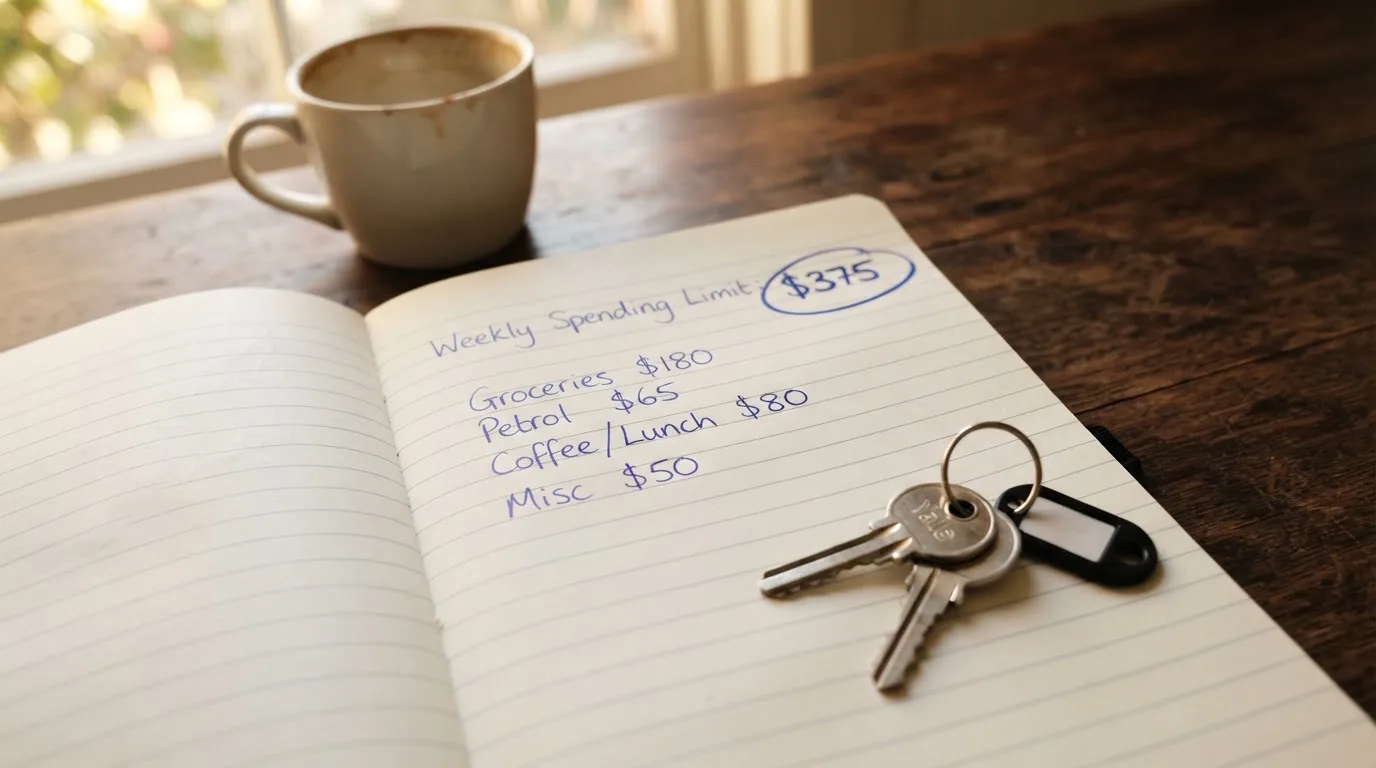 A notepad listing a weekly spending limit next to a set of house keys.