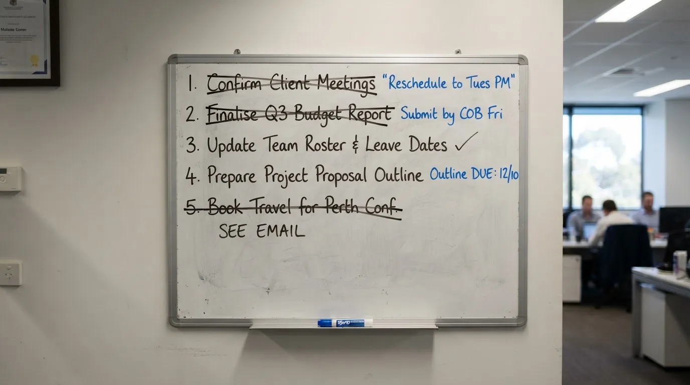 A whiteboard with a numbered shortlist crossed out and rewritten several times.