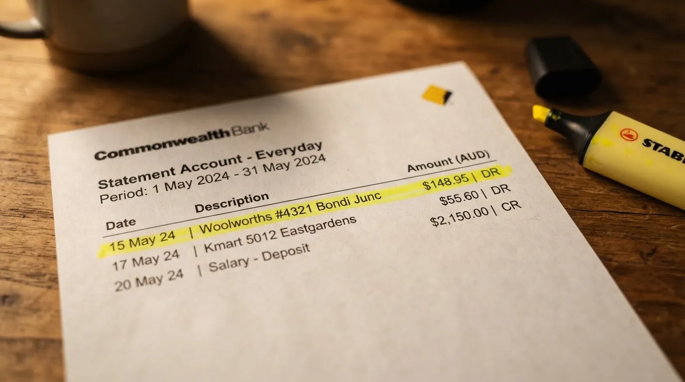 A close-up of a bank statement line item highlighted with a yellow marker.