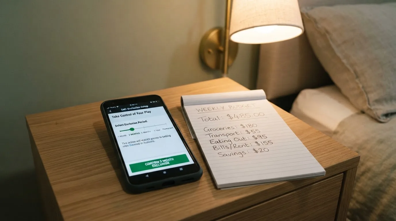 A phone showing a self-exclusion settings screen next to a notepad with a weekly budget written on it.