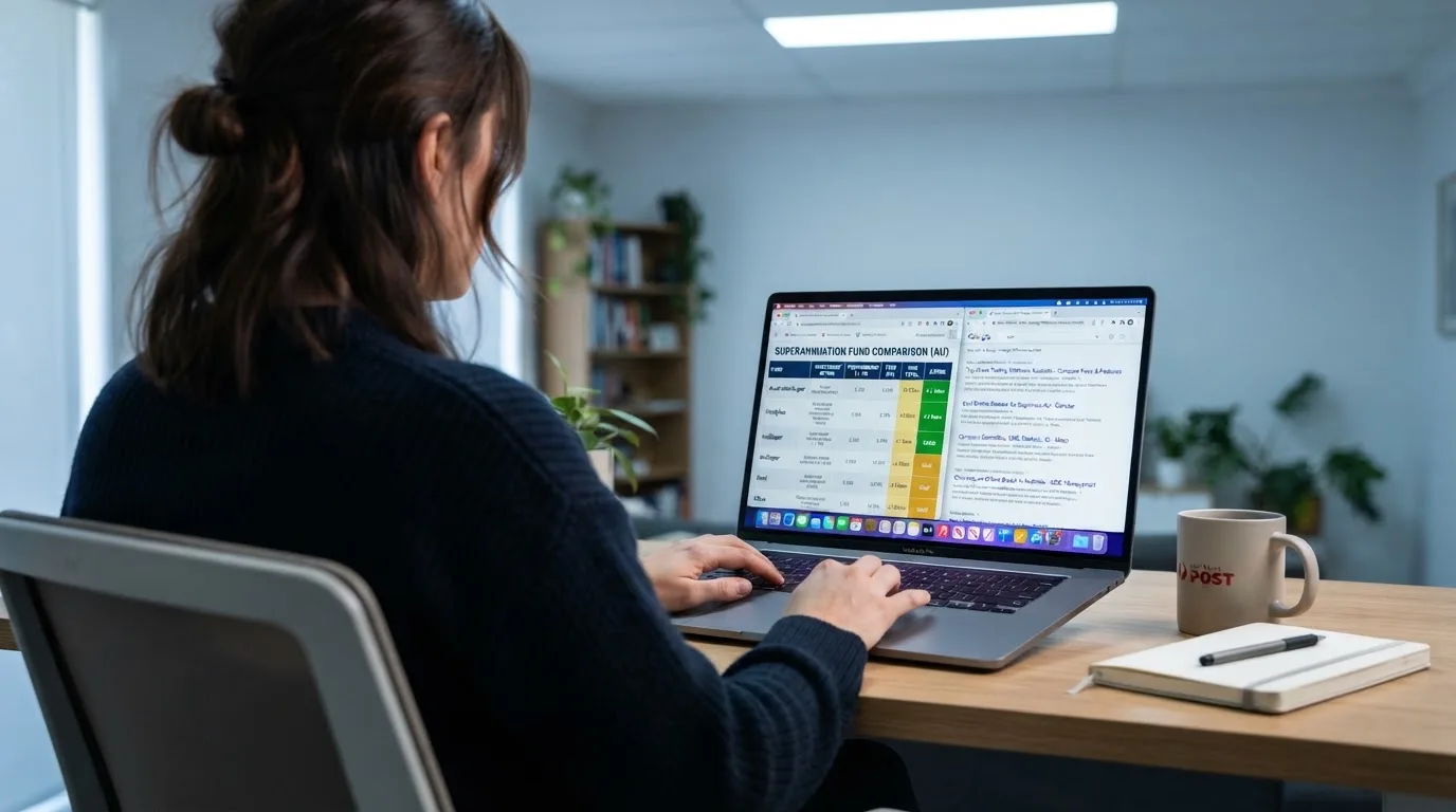 A laptop screen split between two browser tabs, one showing a comparison table and the other a search results page.