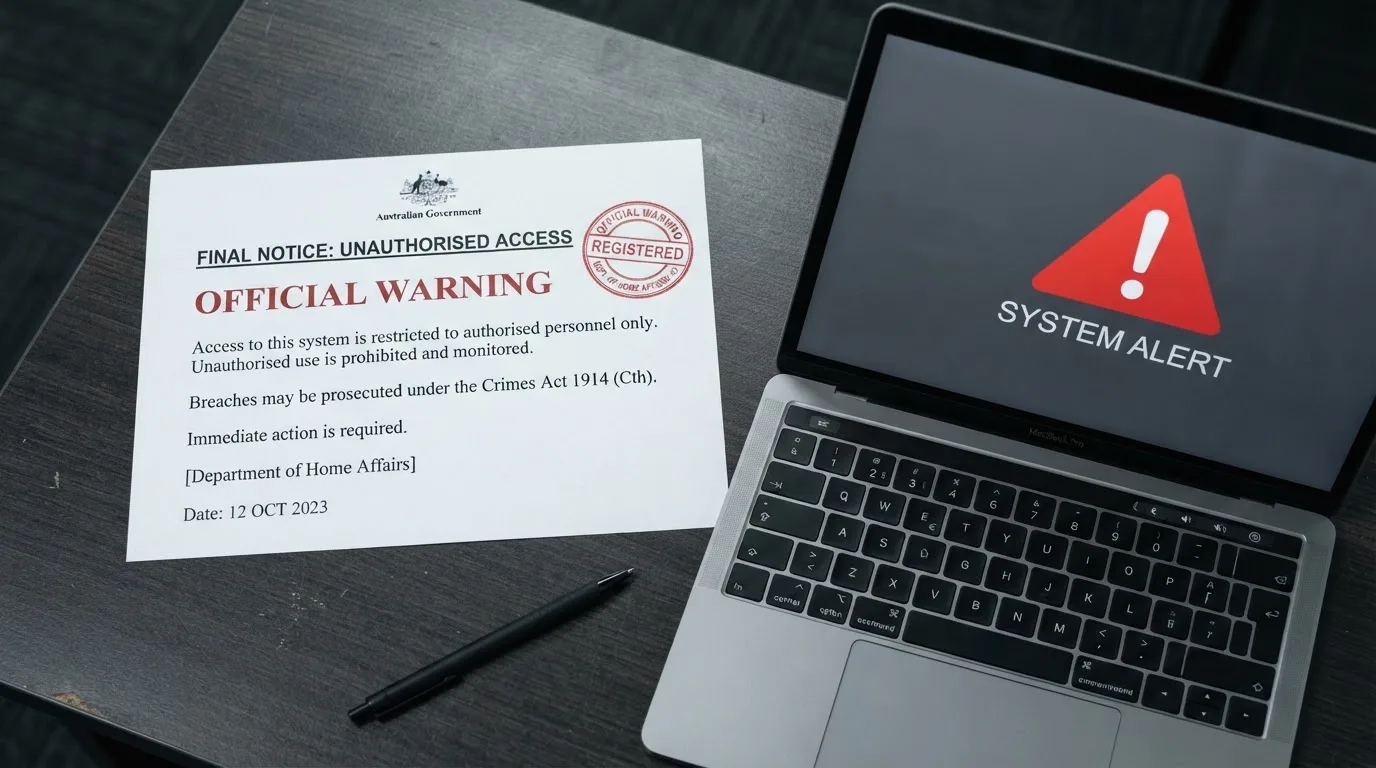 A printed government warning notice on a desk beside a laptop with a red alert icon on the screen.