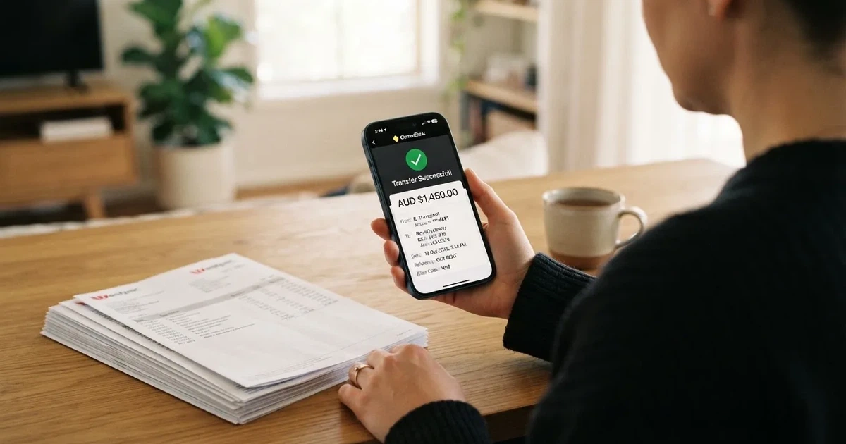 A hand holding a phone showing a cleared balance next to a stack of printed bank statements.