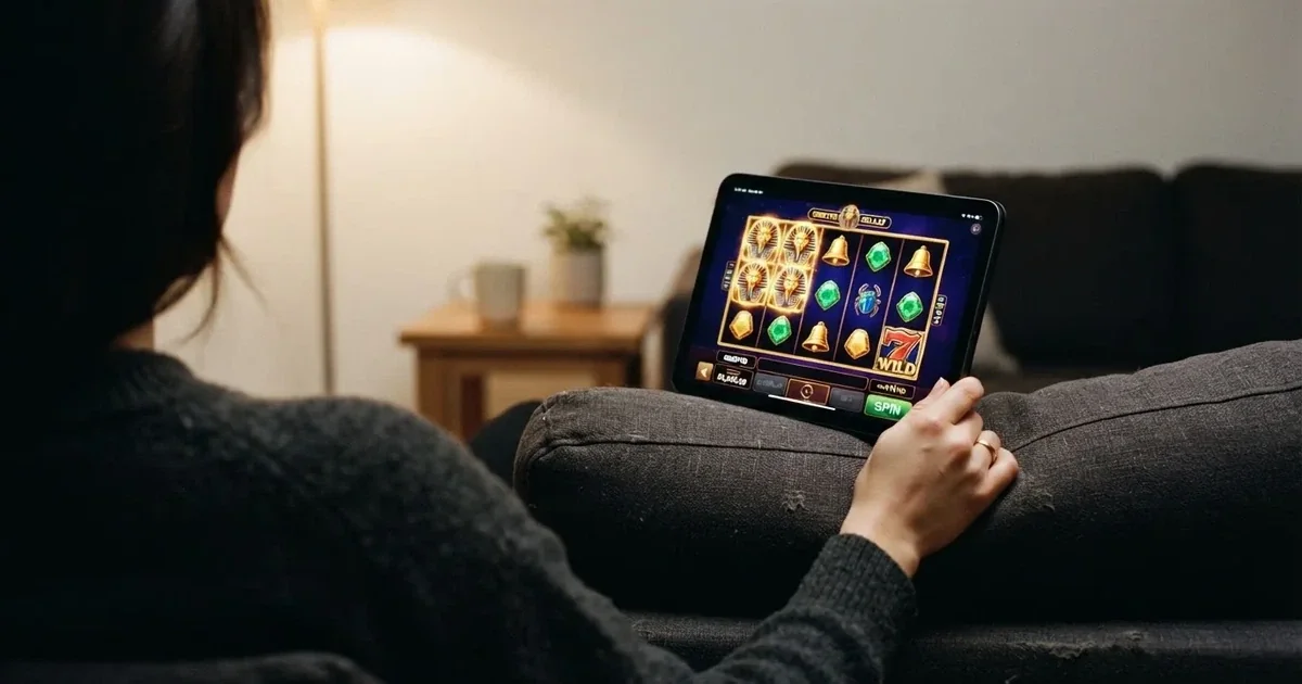 A hand holding a tablet with a touchscreen keypad displayed, resting on a couch armrest.