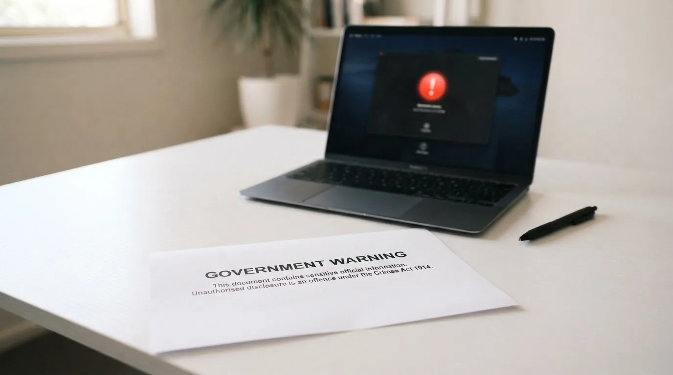 A printed government warning notice on a desk beside a laptop with a red alert icon on the screen.