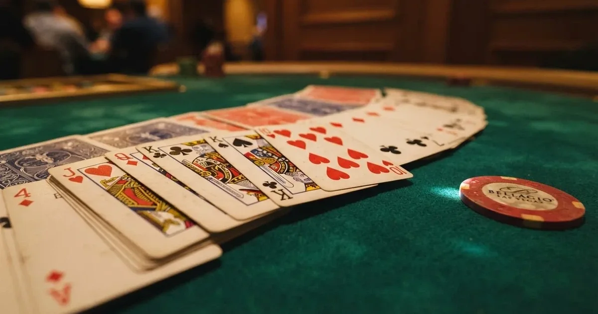 A close-up of a shuffled deck of playing cards fanned out on a green felt table.