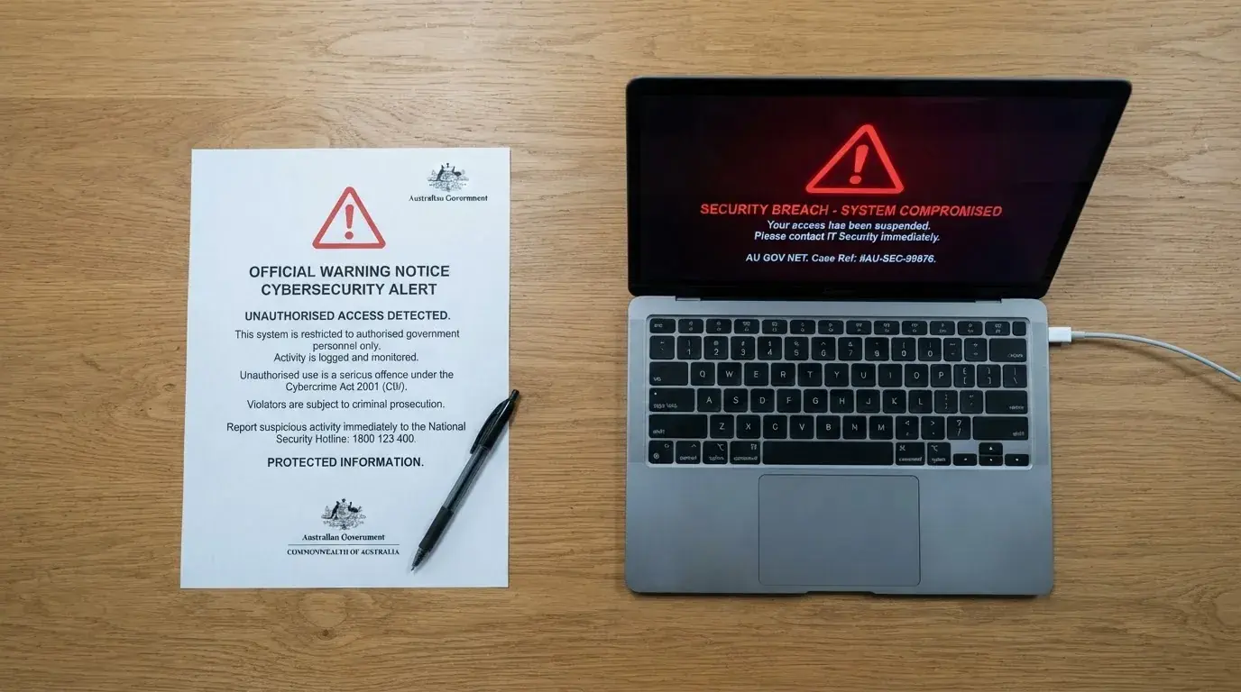 A printed government warning notice on a desk beside a laptop with a red alert icon on the screen.