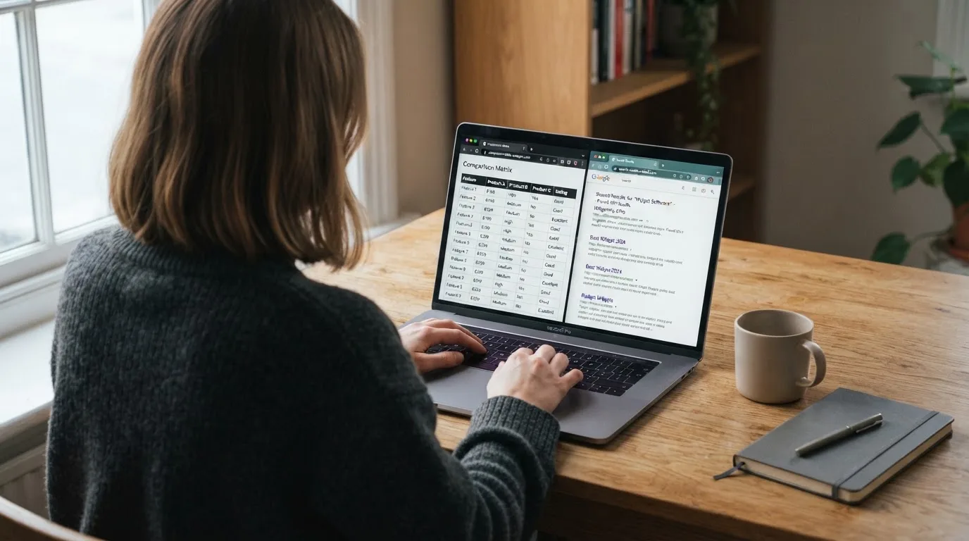 A laptop screen split between two browser tabs, one showing a comparison table and the other a search results page.