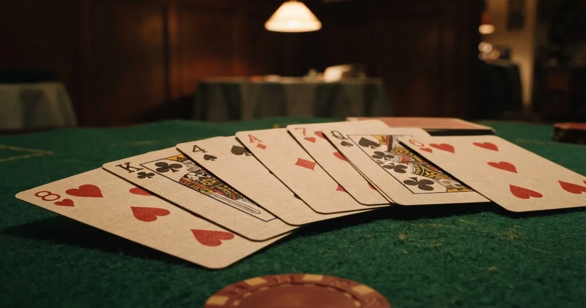 A close-up of a shuffled deck of playing cards fanned out on a green felt table.