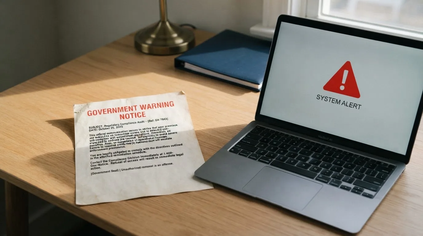 A printed government warning notice on a desk beside a laptop with a red alert icon on the screen.