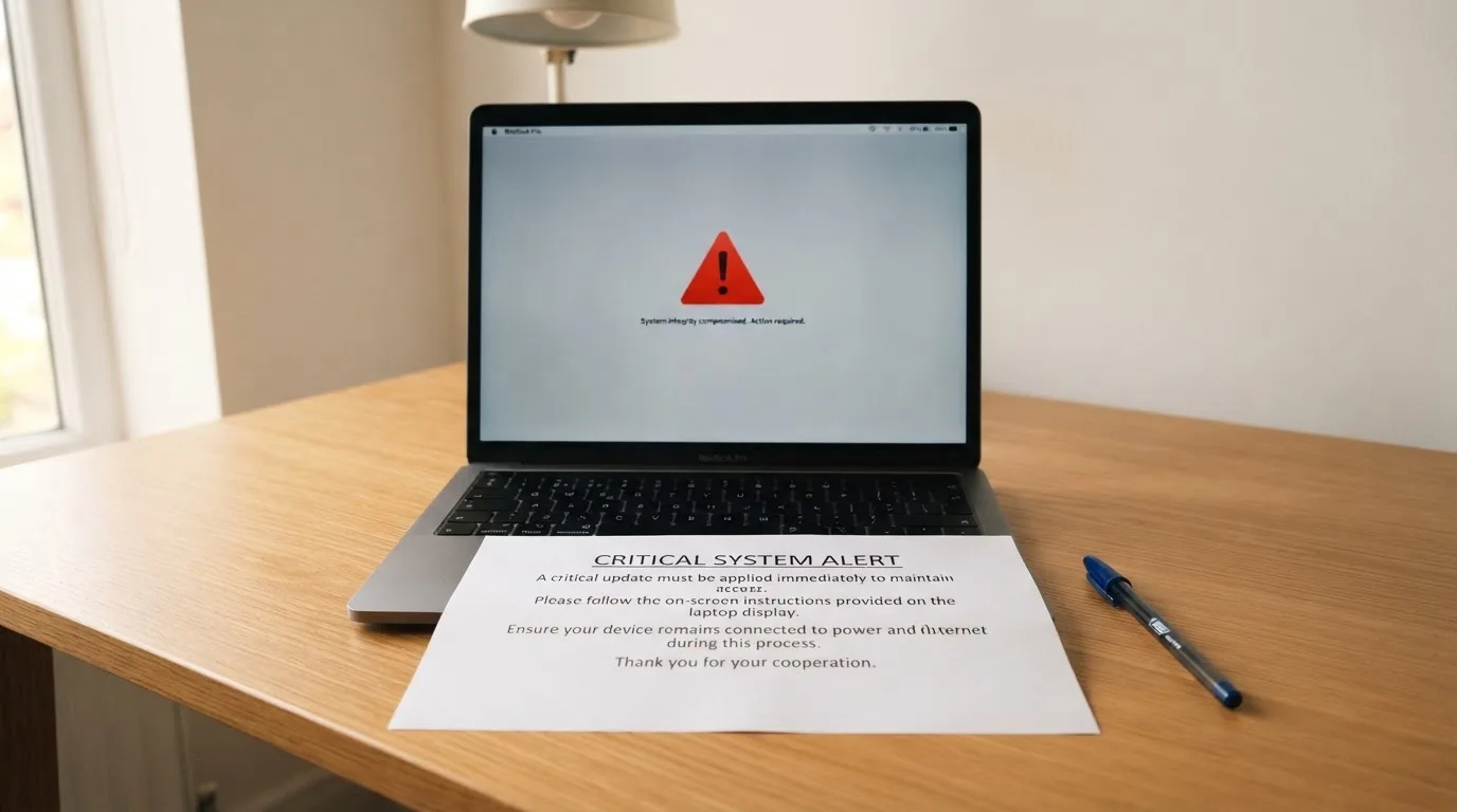 A printed government warning notice on a desk beside a laptop with a red alert icon on the screen.
