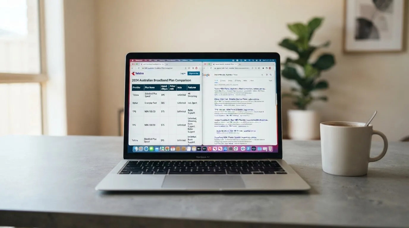 A laptop screen split between two browser tabs, one showing a comparison table and the other a search results page.
