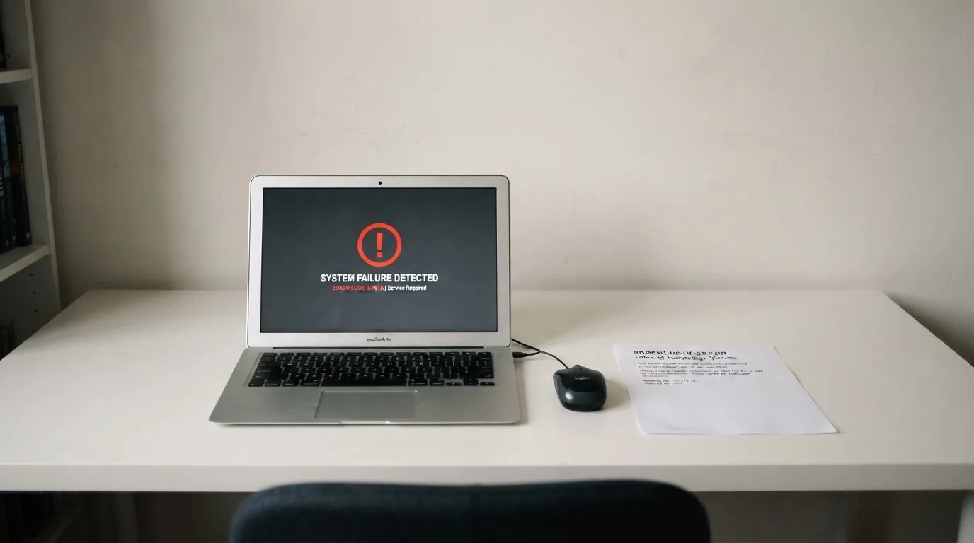 A printed government warning notice on a desk beside a laptop with a red alert icon on the screen.