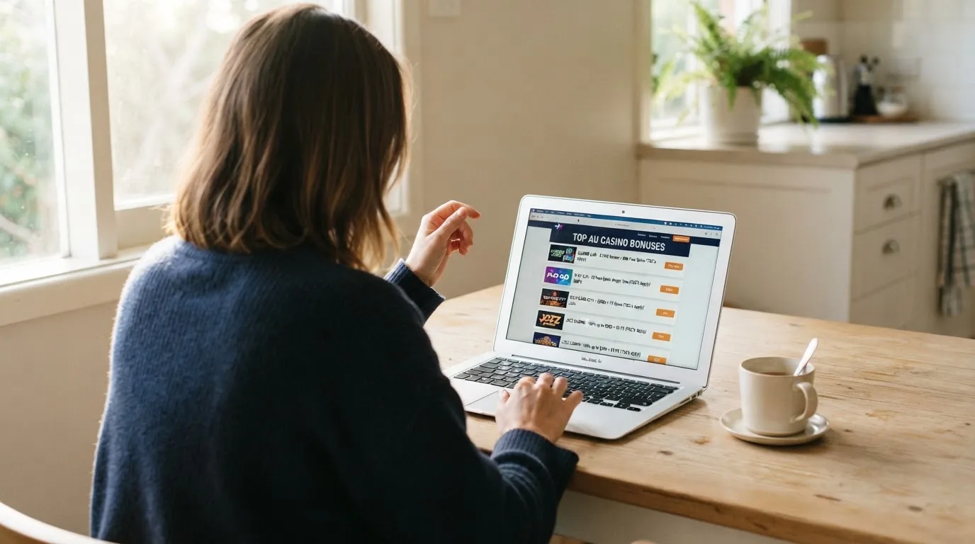 A person sits at a kitchen table, scrolling a laptop showing a general search results page about casino bonus offers.