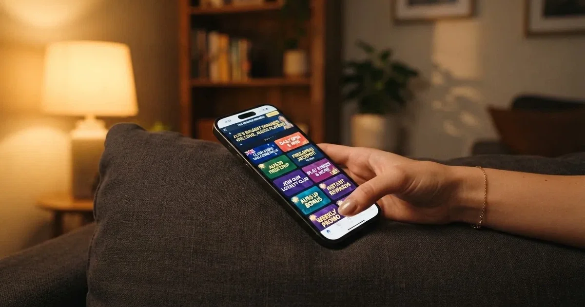 A phone screen shows a list of promotional bonus tiles as someone scrolls with one thumb on a couch in the evening.