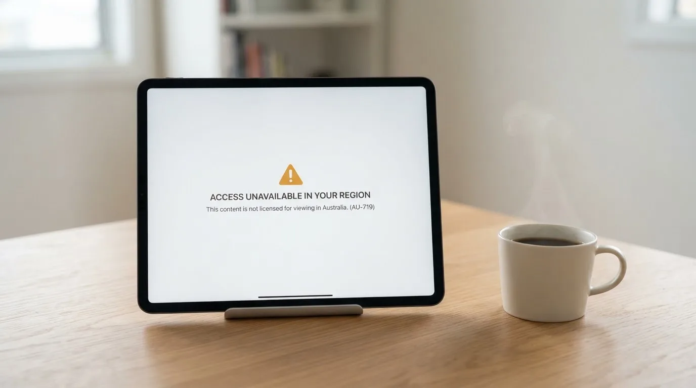 A tablet on a desk displays a plain government-style warning notice page, with a coffee cup beside it.