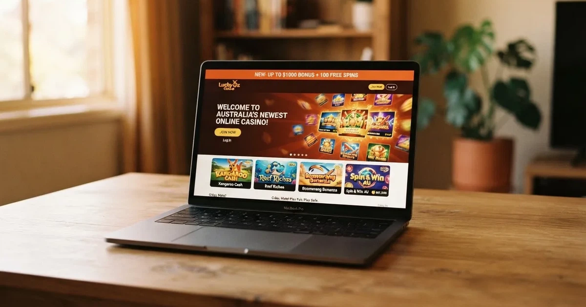 A laptop screen shows a freshly loading website homepage with a 'new' banner, on a plain desk.