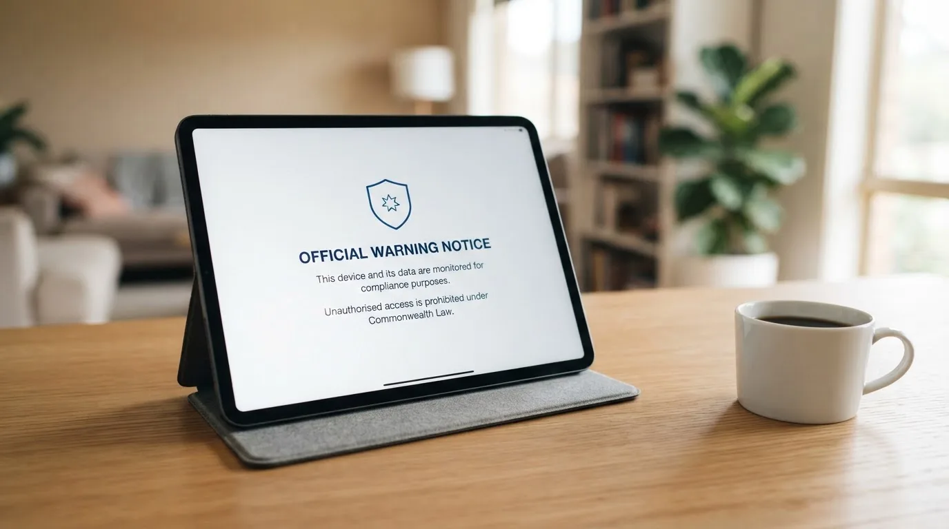 A tablet on a desk displays a plain government-style warning notice page, with a coffee cup beside it.