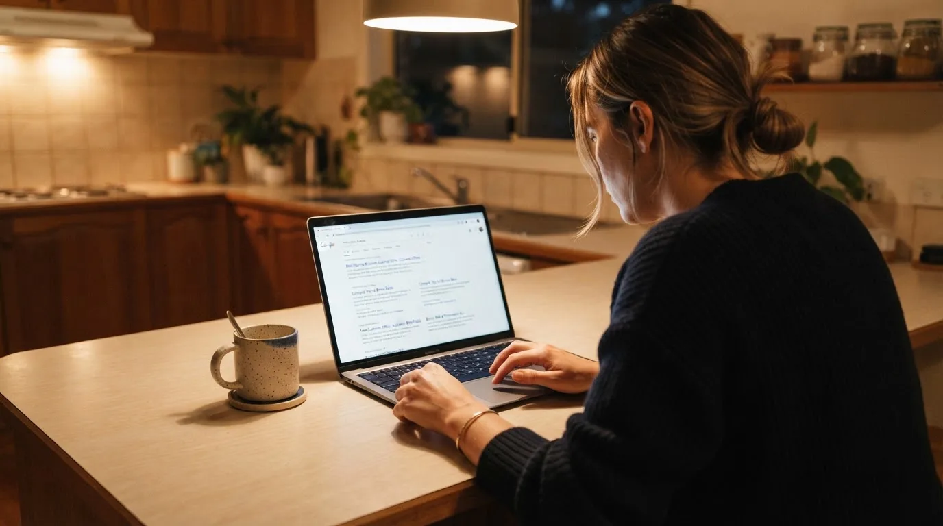 A person sits at a kitchen table in the evening, scrolling a laptop showing a general search results page about bonus offers.